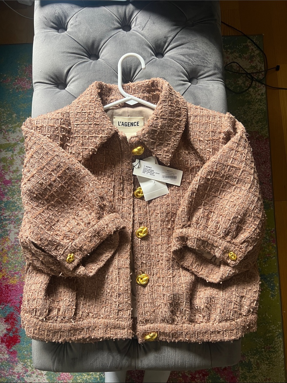 L'AGENCE Beige Tweed Jacket with Gold Buttons